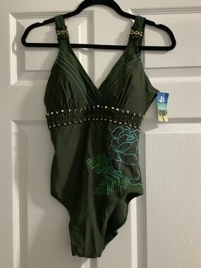 Baltex Olive Green One-Piece Swimsuit with Embroidered Floral Detail